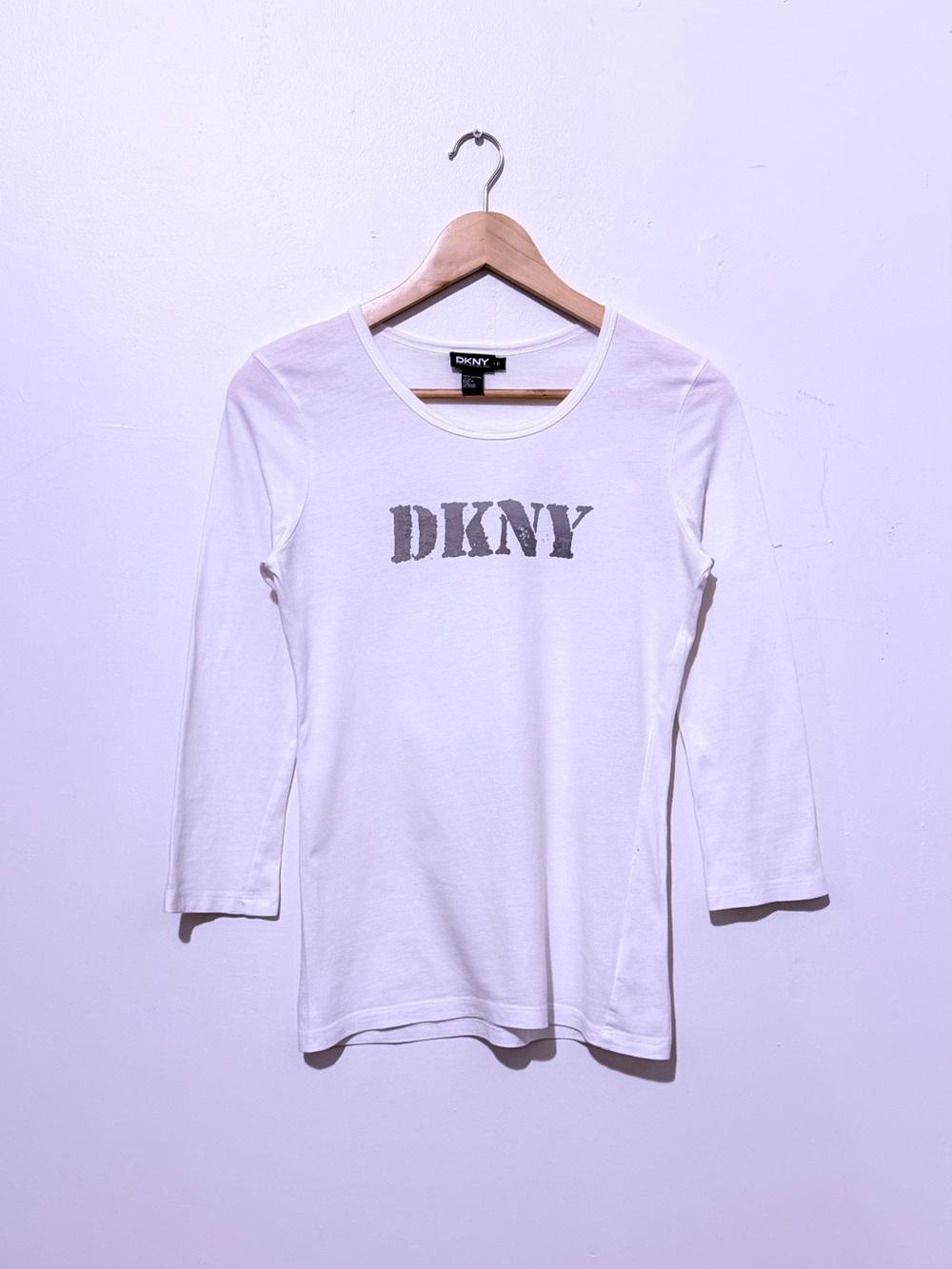 DKNY White 3/4 Sleeve Logo Tee with Gray Print